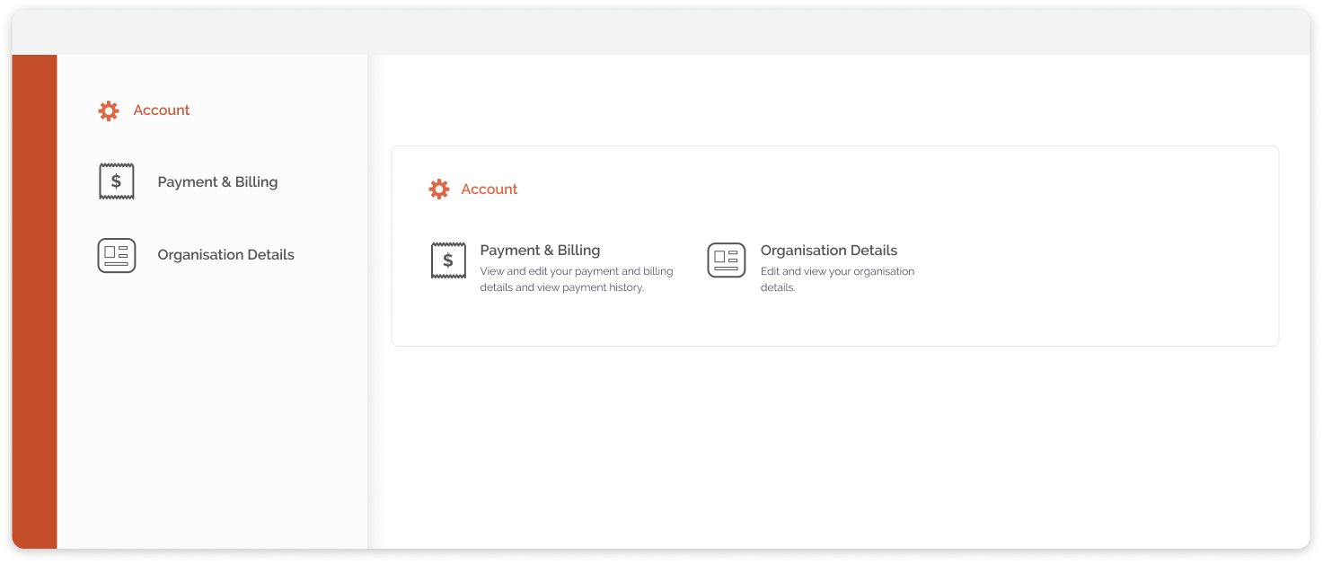 Account section dashboard and side navigation comparison
