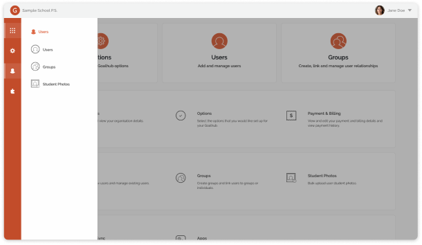 Goalhub admin dashboard with menu open preview